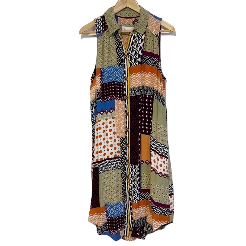 ANTHROPOLOGIE Everyway Patchwork Sleeveless Shirt Dress Button Down Midi